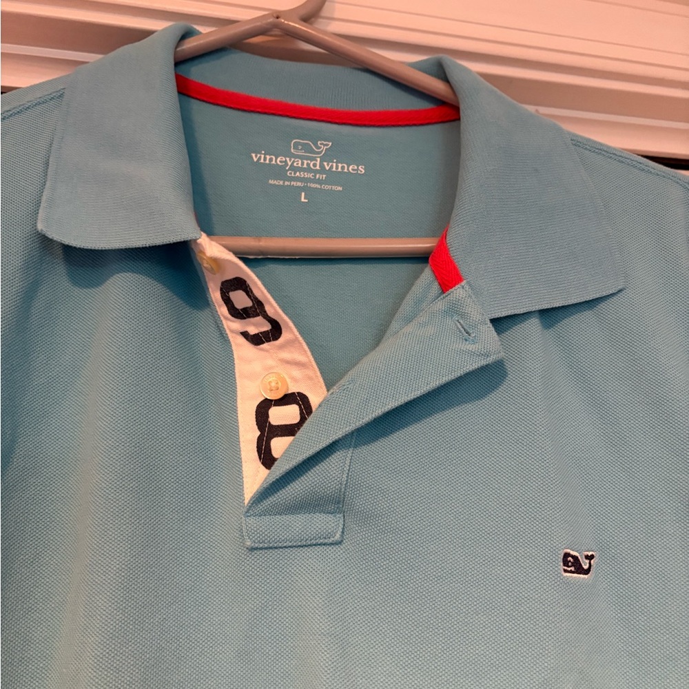 Vineyard Vines Light Blue Polo with Red Accents and Classic Collar